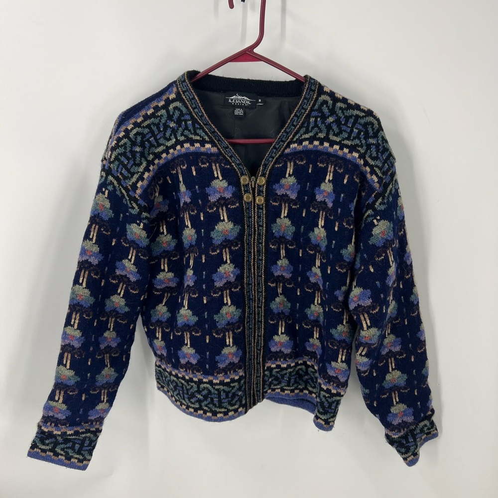 Icelandic design vintage wool, zip front lined sweater floral print jacket M